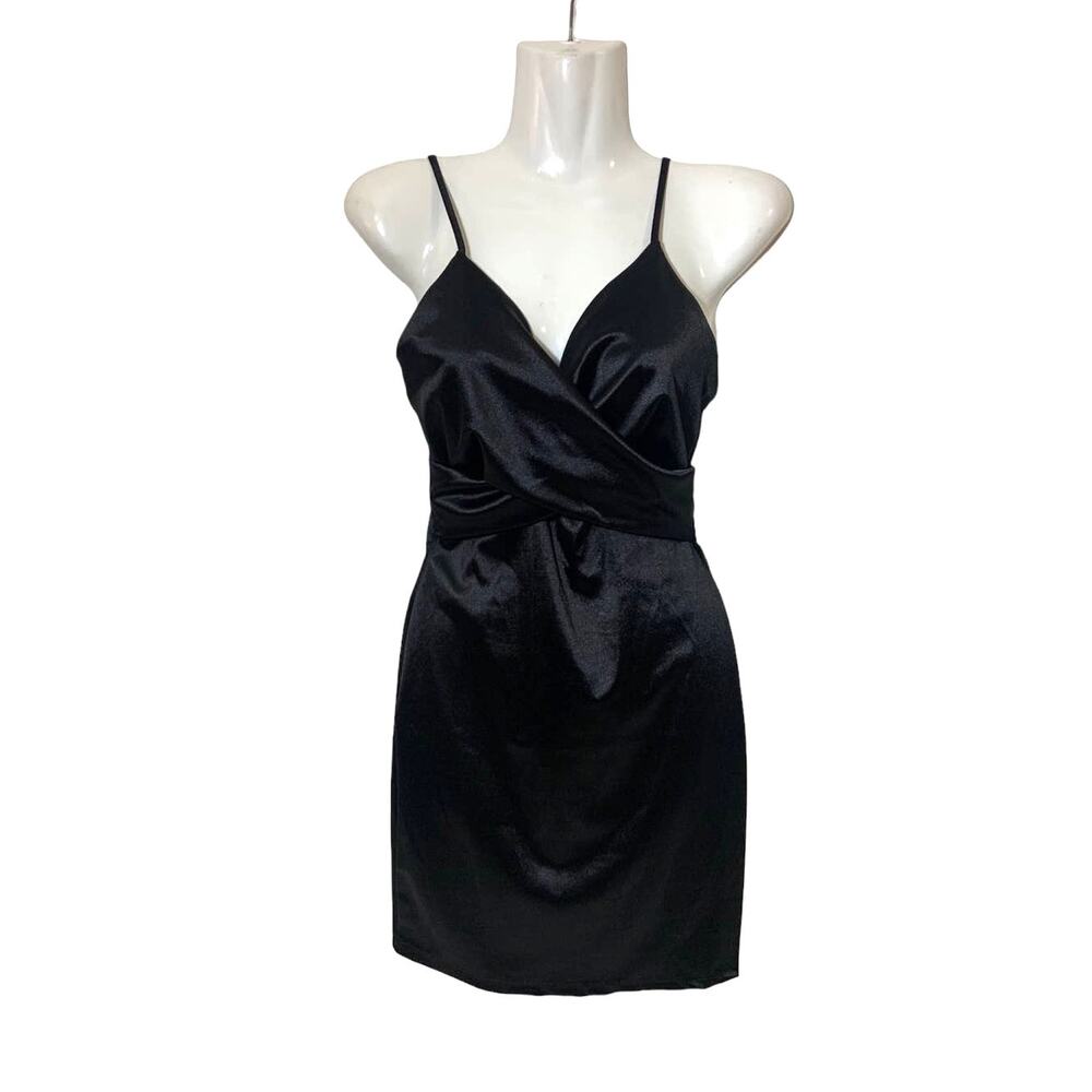 Women's Cristina Satin Style V-Neck Spaghetti Strap Party Dress Black Size S
